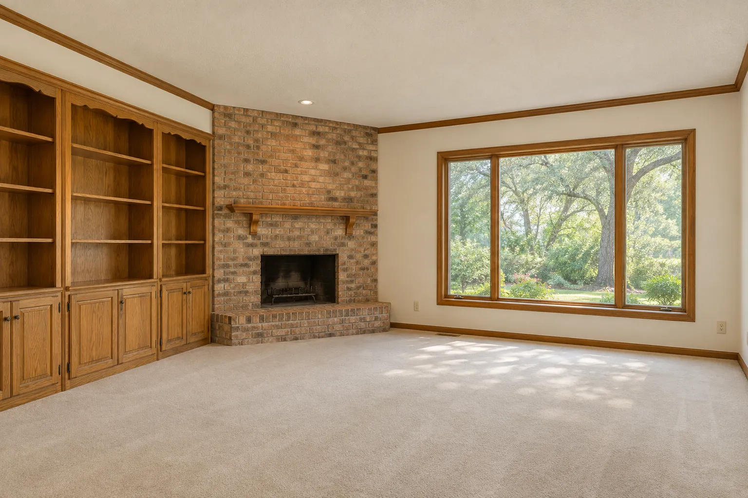 Illustrative empty living room with oak built-ins and a brick fireplace