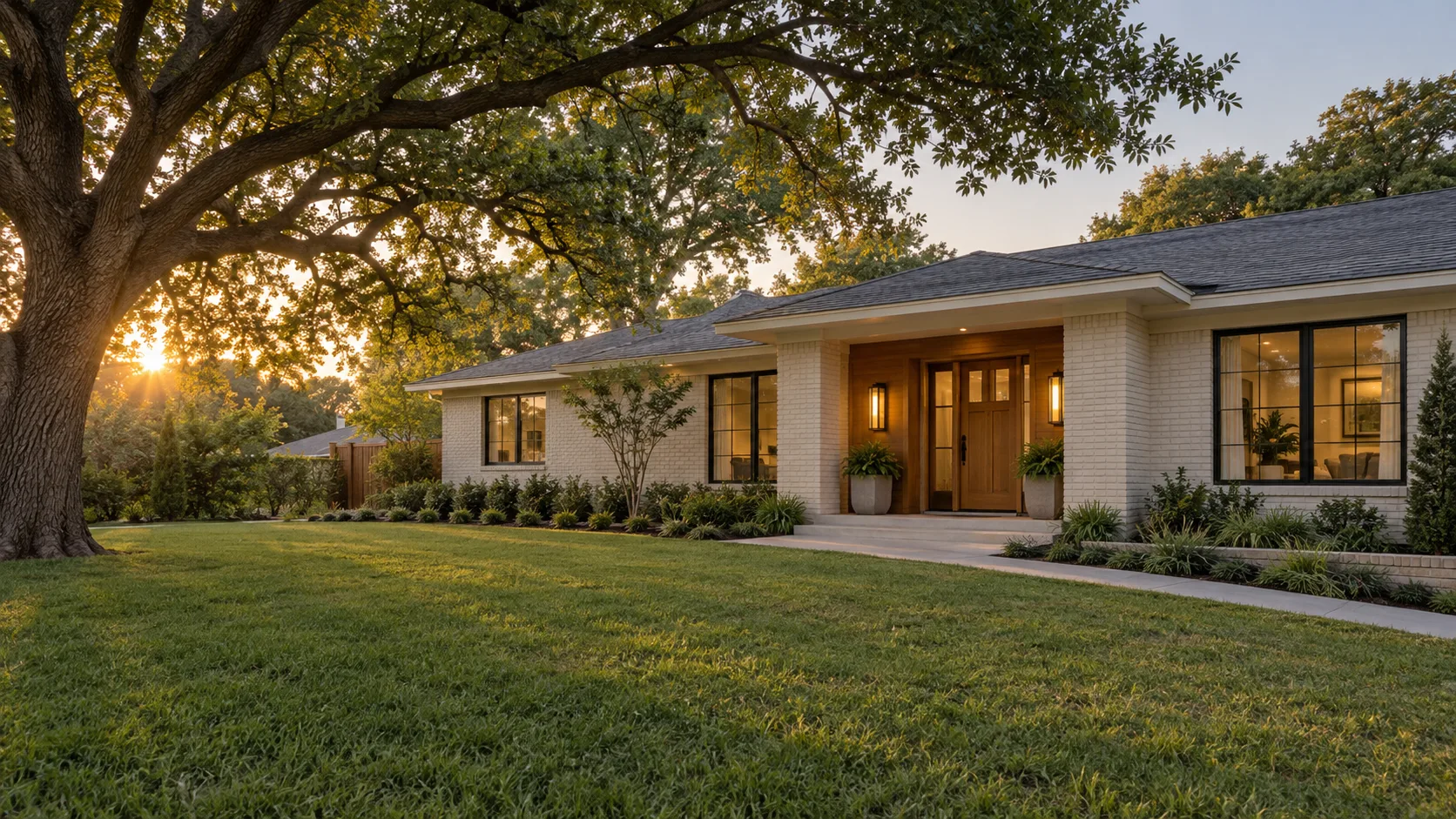 Illustrative finished ranch renovation with a warm wood entry