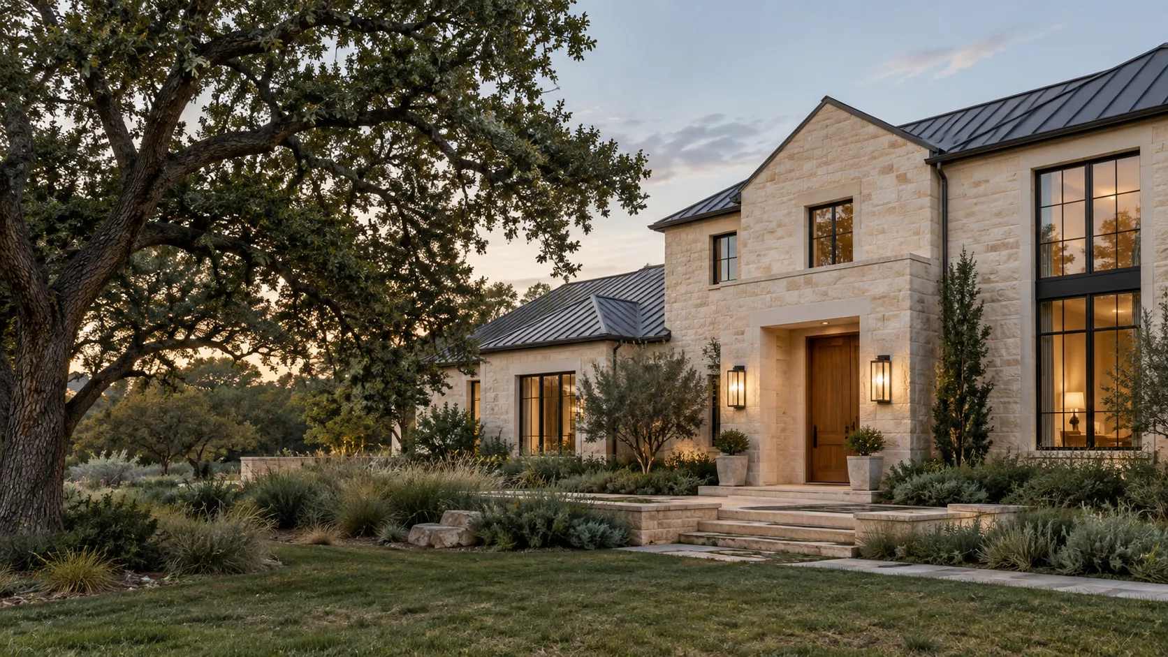 Illustrative stone home and landscaped approach