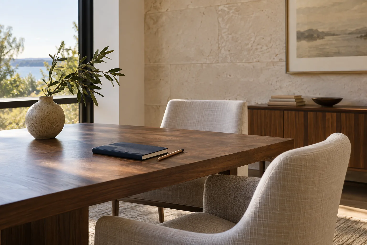 Illustrative meeting room with a walnut table and warm natural light