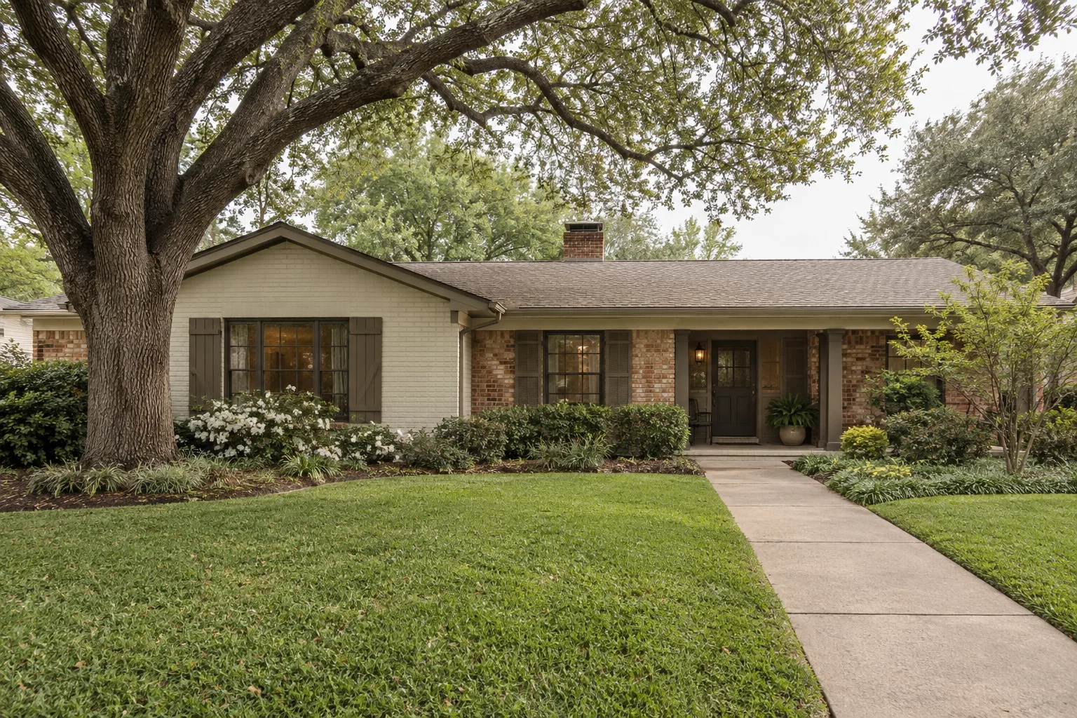 Illustrative brick ranch home beneath a mature oak