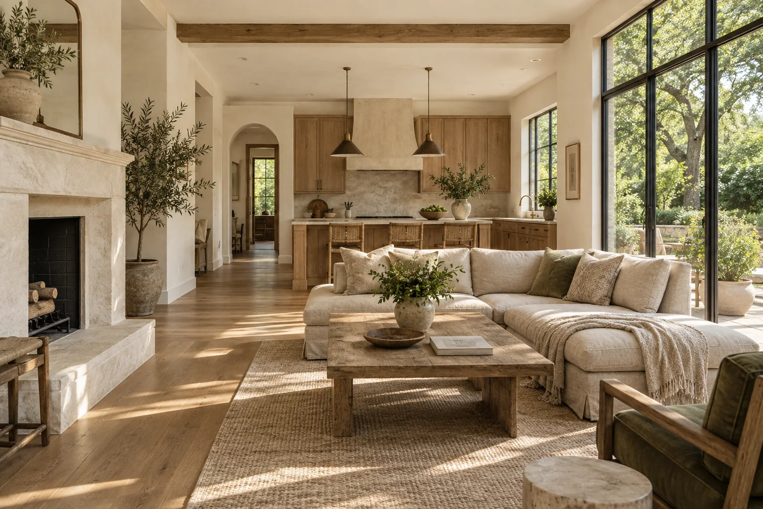 Illustrative sunlit living room opening into a kitchen